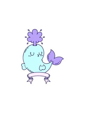 Dövme stili parşömen sancağının gösterişli satış animasyonu mutlu balina karakteri fışkırtıyor