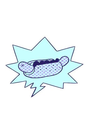 Çizgi film çizgi filmlerinin hareketli animasyonları taze lezzetli sosisli ve çizgi roman tarzında konuşma balonu.