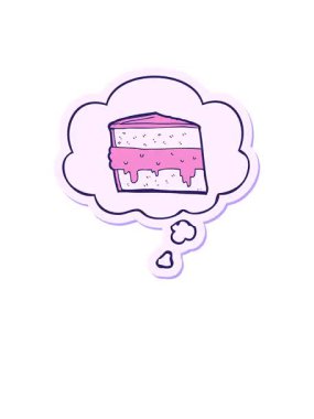 Kalkıp çizgi film pastasının animasyonunu basılı bir çıkartma olarak düşünce baloncuğuyla yüzdürün.