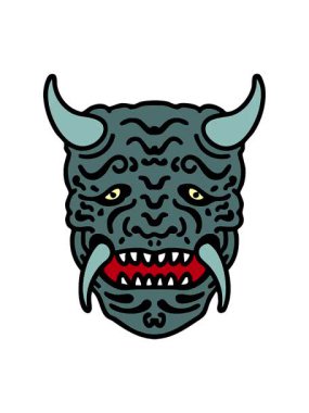 Geleneksel Japon tiyatro kabuki şeytan maskesinin neon ışığı animasyonu