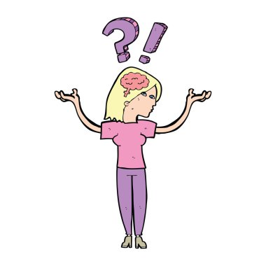 Çizgi filmdeki kadın soru soruyor.