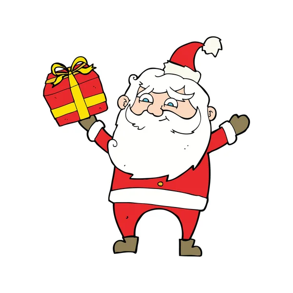 Karikatur glücklicher Weihnachtsmann mit Geschenk — Stockvektor