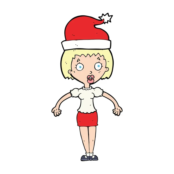 Dessin animé femme portant chapeau de Noël haussant les épaules — Image vectorielle