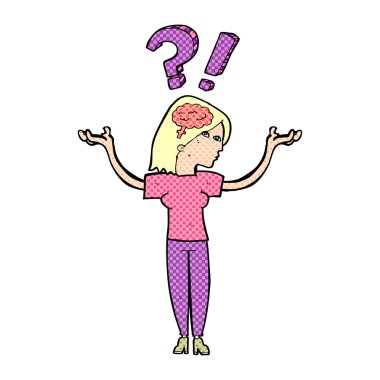 Çizgi filmdeki kadın soru soruyor.