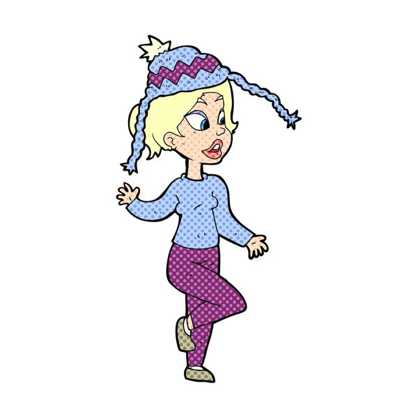 Fumetto donna in maglia cappello — Vettoriale Stock