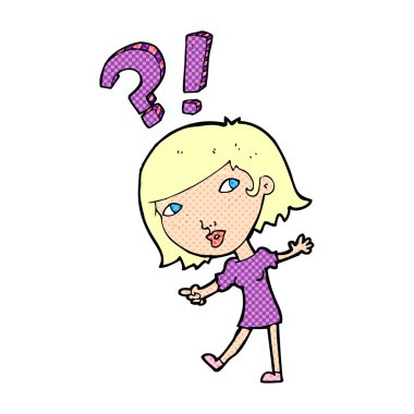 Çizgi filmdeki kadın soru soruyor.