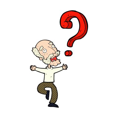 Sorusu olan yaşlı bir karikatür.