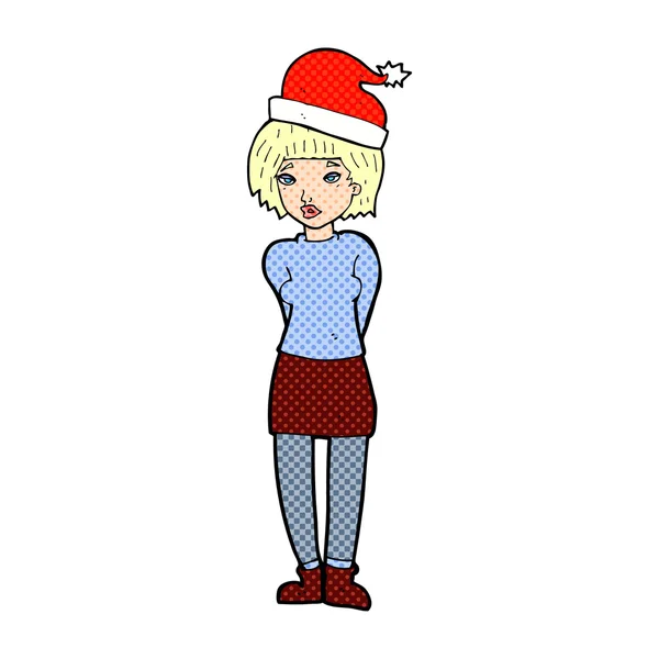 Mulher dos desenhos animados usando chapéu de Natal — Vetor de Stock