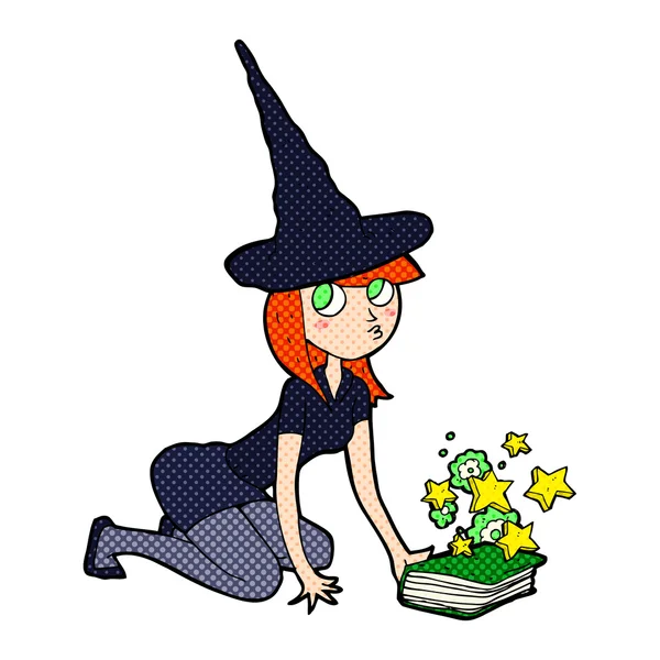 Cartoon witch and spell book — Stock Vector