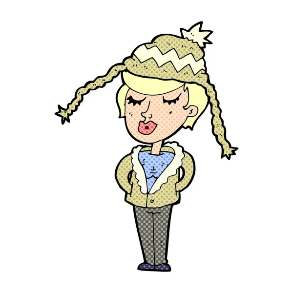 Dessin animé femme portant chapeau d'hiver — Image vectorielle