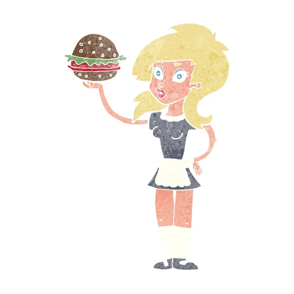 Cartoon waitress with burger — Stock Vector