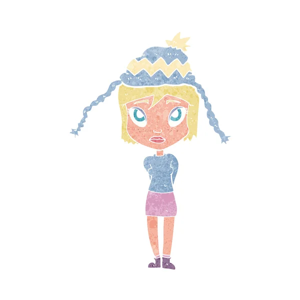 Mujer de dibujos animados con sombrero de invierno — Vector de stock