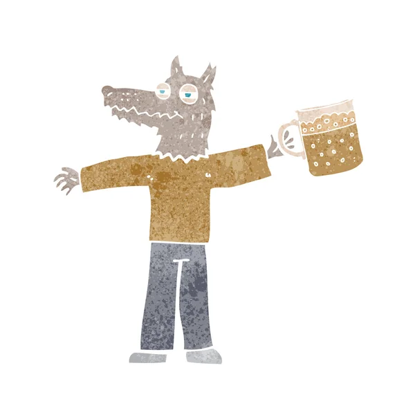 Cartoon wolf man drinking beer — Stock Vector