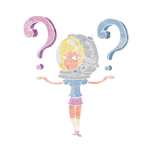 Cartoon spacewoman fazendo perguntas —  Vetores de Stock