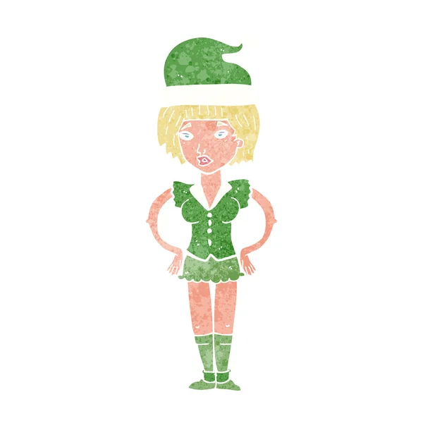 Mulher dos desenhos animados em roupa de elfo de natal — Vetor de Stock