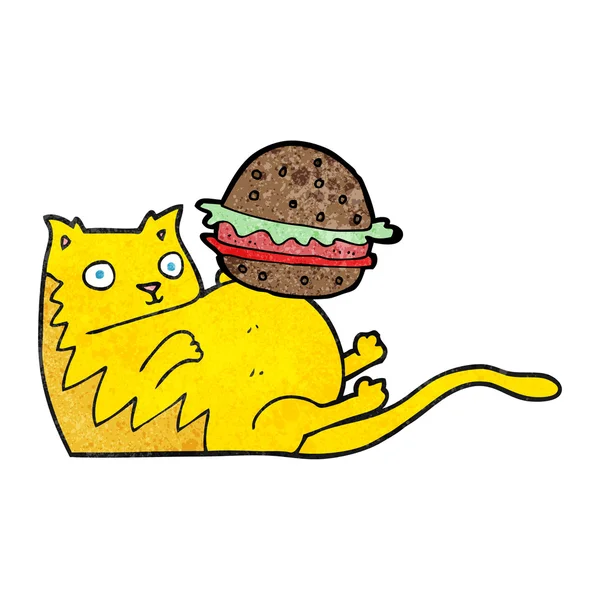 Texturizado desenho animado gordura gato com hambúrguer — Vetor de Stock