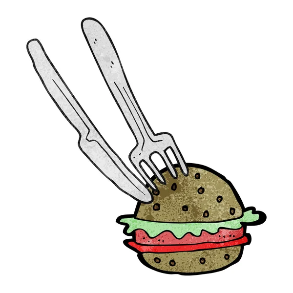 Cuchillo de dibujos animados texturizado y tenedor en hamburguesa — Vector de stock