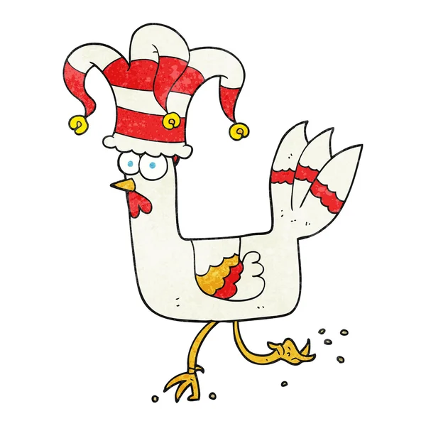 Textured cartoon chicken running in funny hat — Stock Vector