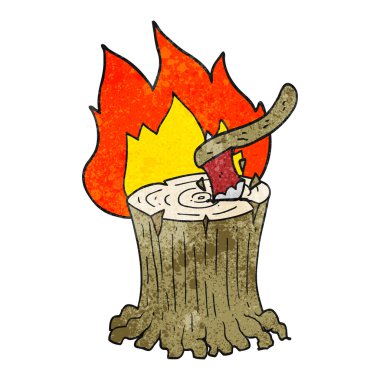 yanan ağaç kütüğü dokulu karikatür balta