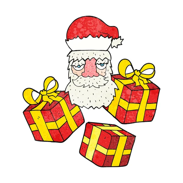 Texture dessin animé fatigué santa claus visage avec des cadeaux — Image vectorielle