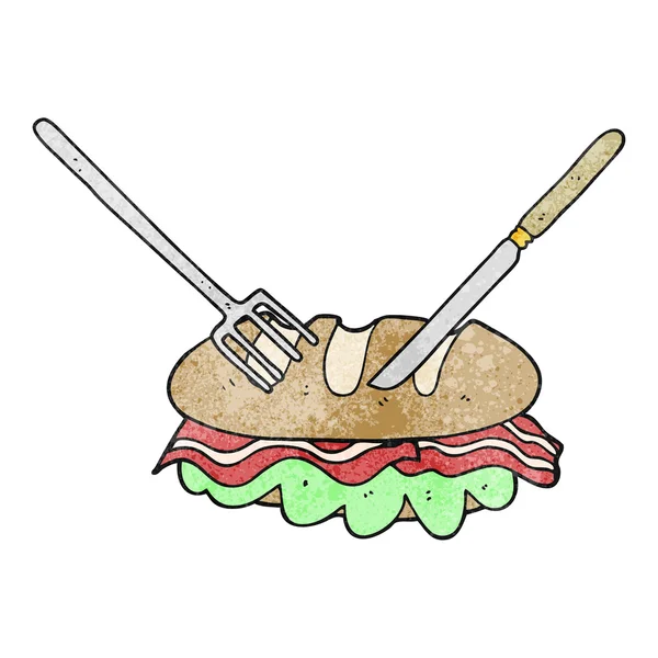 Υφή κινουμένων σχεδίων μαχαίρι και πιρούνι κοπής τεράστια σάντουιτς — Διανυσματικό Αρχείο