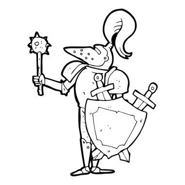 siyah beyaz çizgi film Ortaçağ Şövalyesi ile kalkan