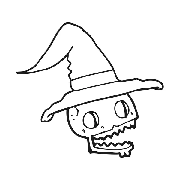 Calavera de dibujos animados en blanco y negro con sombrero de bruja — Archivo Imágenes Vectoriales