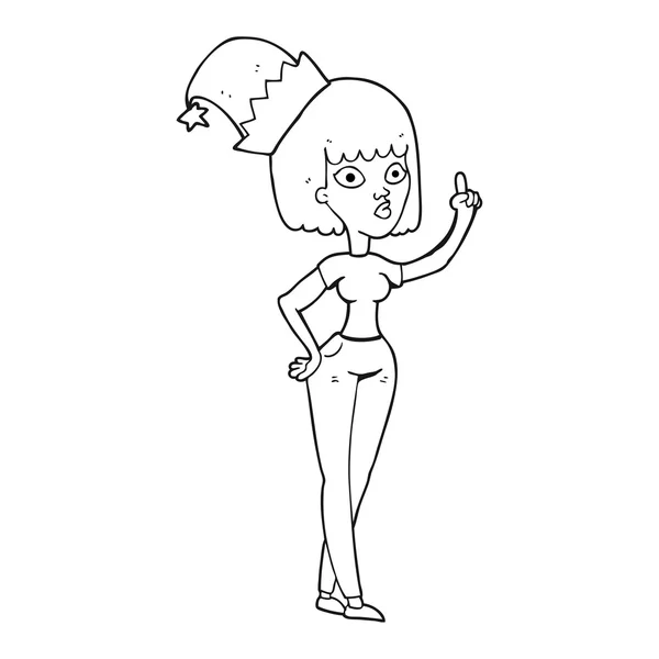 Noir et blanc dessin animé femme portant un chapeau de Noël — Image vectorielle