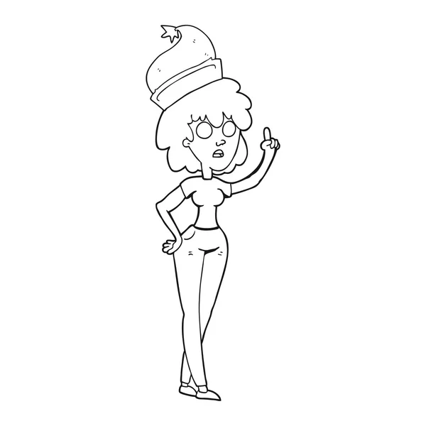 Noir et blanc dessin animé femme portant santa chapeau — Image vectorielle