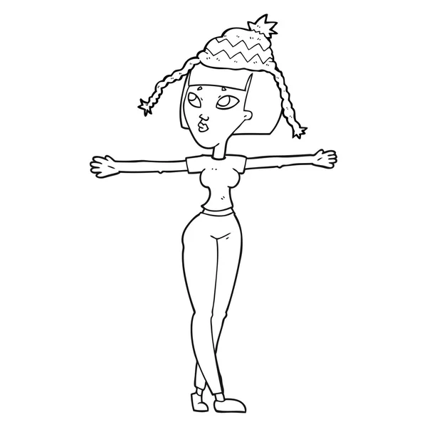 Черно-белый мультфильм женщина в шляпе — стоковый вектор