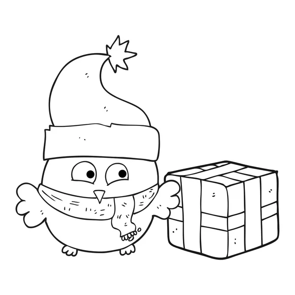 Búho de Navidad de dibujos animados en blanco y negro — Vector de stock