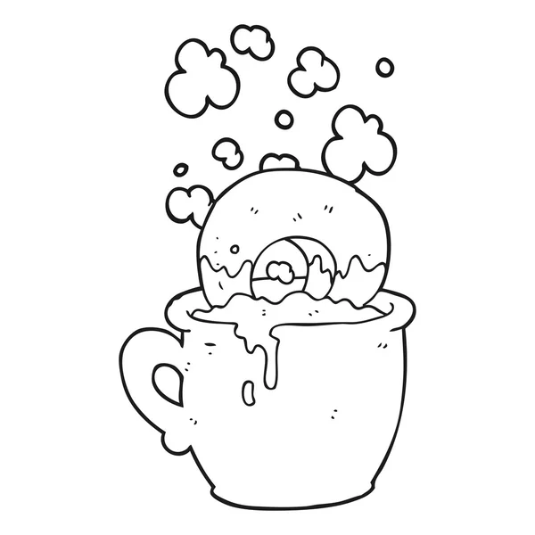 Zwart-wit cartoon donut dompelde in koffie — Stockvector