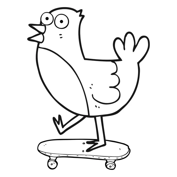 Zwart-wit cartoon vogel op skateboard — Stockvector