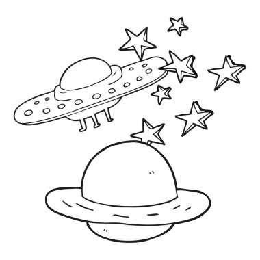 siyah beyaz çizgi film uçan daire ve gezegen