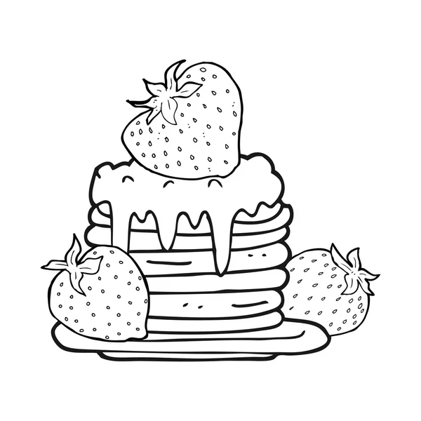 Schwarz-weißer Cartoon-Pfannkuchenstapel mit Erdbeeren — Stockvektor
