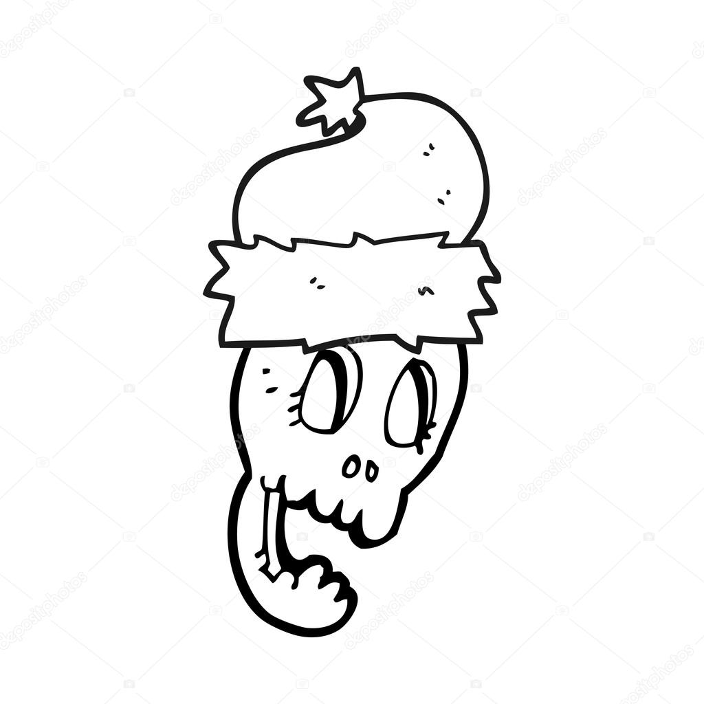 Freihändig gezeichnet schwarz weiss Cartoon Weihnachten Hut auf Schädel — Vektor von lineartestpilot