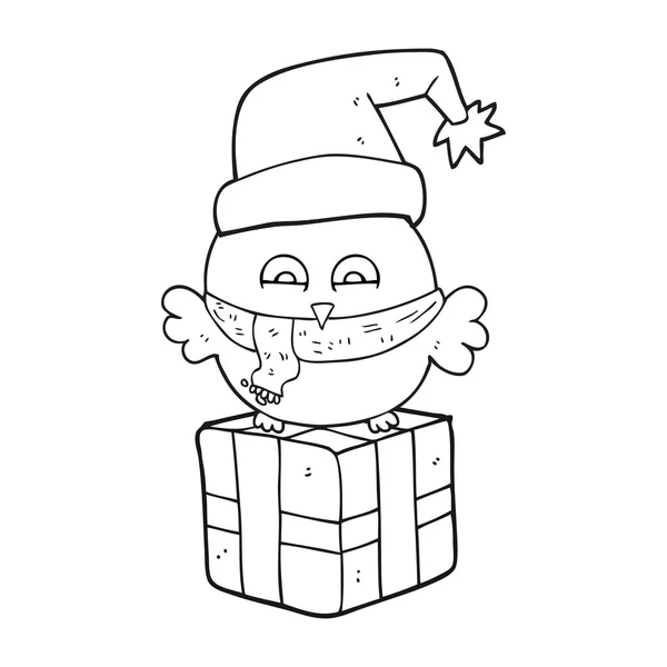 Czarno-biały rysunek słodkie Boże Narodzenie Sowa na prezent — Wektor stockowy
