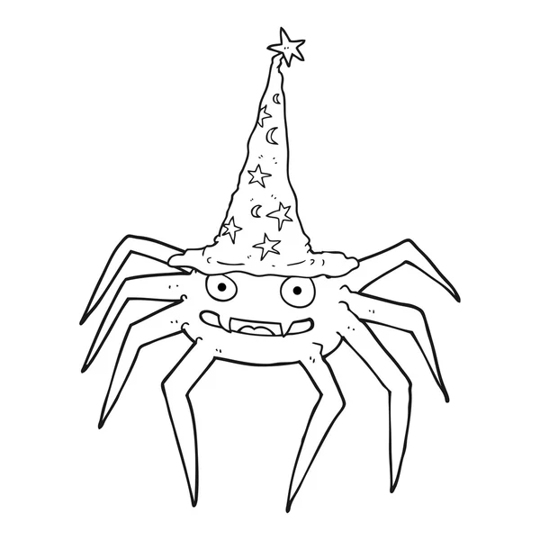 Czarno-biały rysunek halloween pająk w kapelusz czarownicy — Wektor stockowy