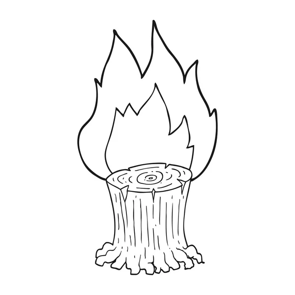 Dibujos animados en blanco y negro tronco de árbol grande en el fuego — Vector de stock