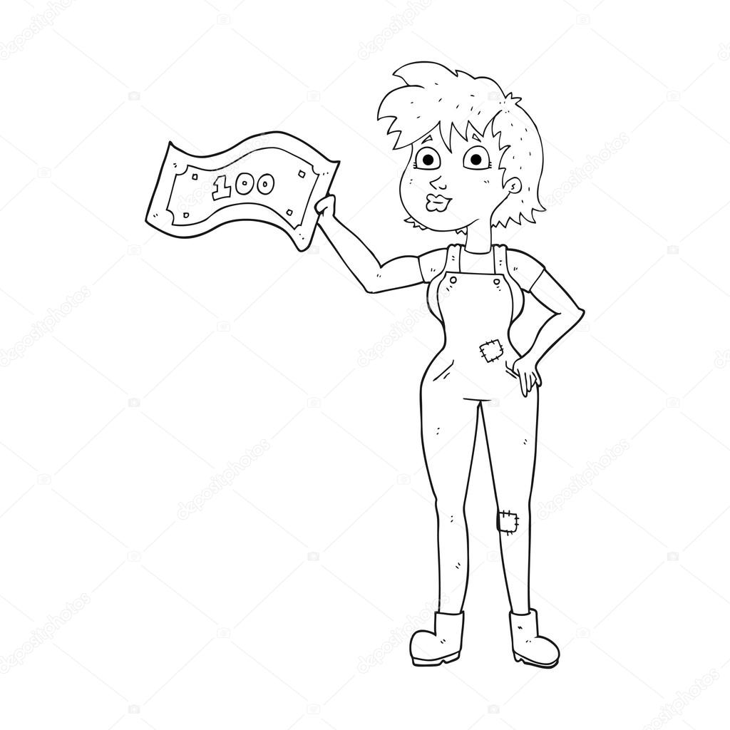 Disegnato a mano libera donna del coltivatore fiducioso fumetto bianco e nero con soldi — Vettoriali di lineartestpilot Trova immagini simili