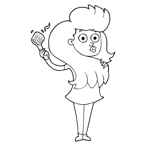 Černé a bílé kreslené žena kartáčování vlasů — Stockový vektor