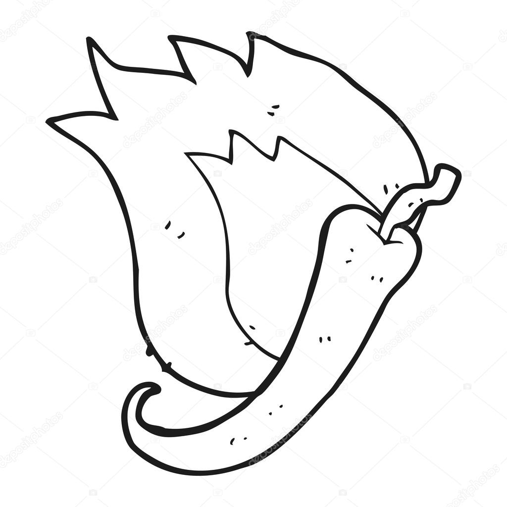 black and white cartoon flaming hot chilli pepper
