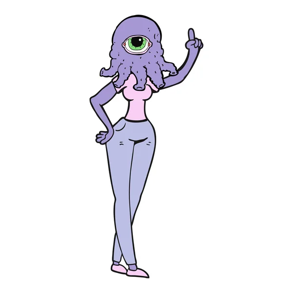 Cartoon female alien with raised hand — Stock Vector