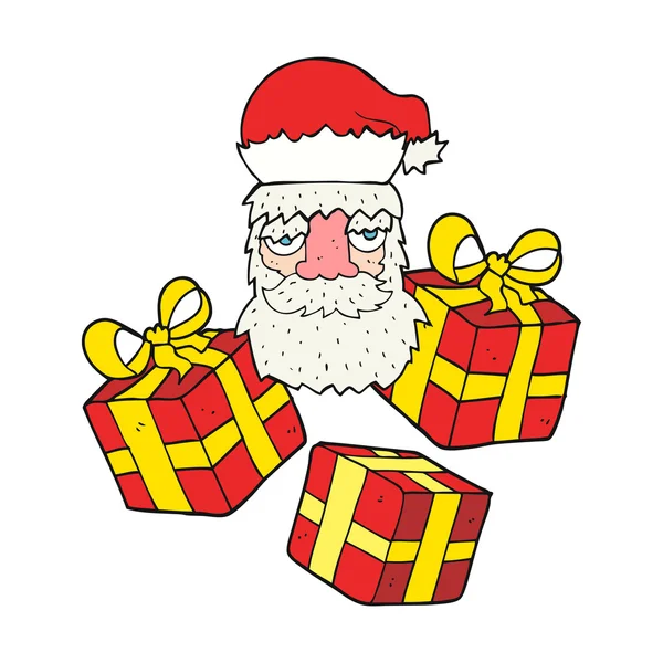 Cartoon müde Weihnachtsmann Gesicht mit Geschenken — Stockvektor