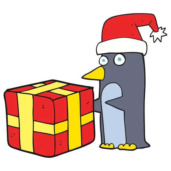 Cartoon-Weihnachtspinguin mit Geschenk — Stockvektor