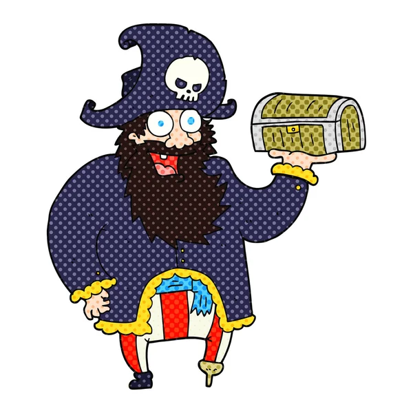 Capitán pirata de dibujos animados con cofre del tesoro — Vector de stock