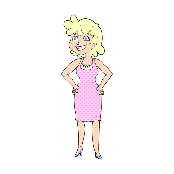 Cartoon gelukkige vrouw draagt jurk — Stockvector