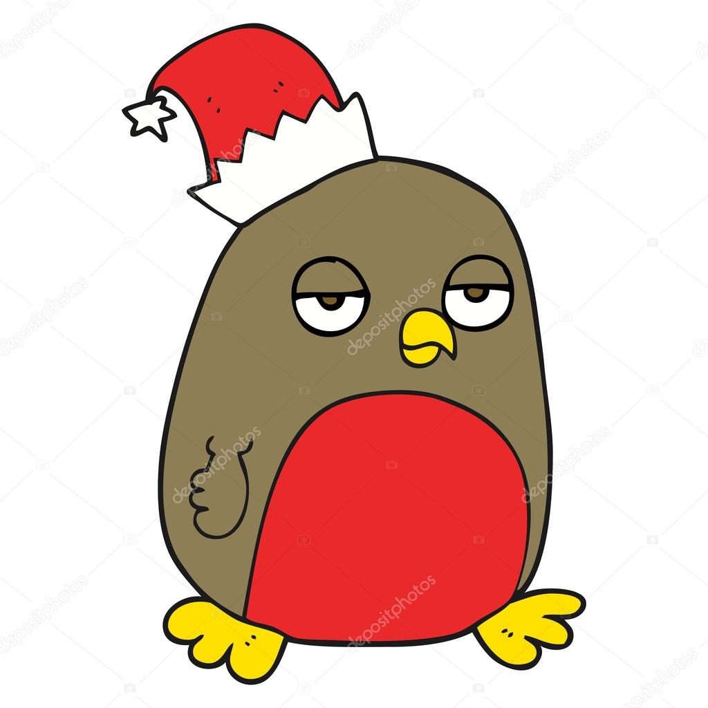 Download Cartoon christmas robin wearing santa hat — Stock Vector ...