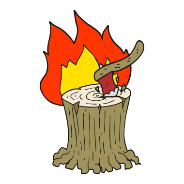 yanan ağaç kütüğü karikatür balta