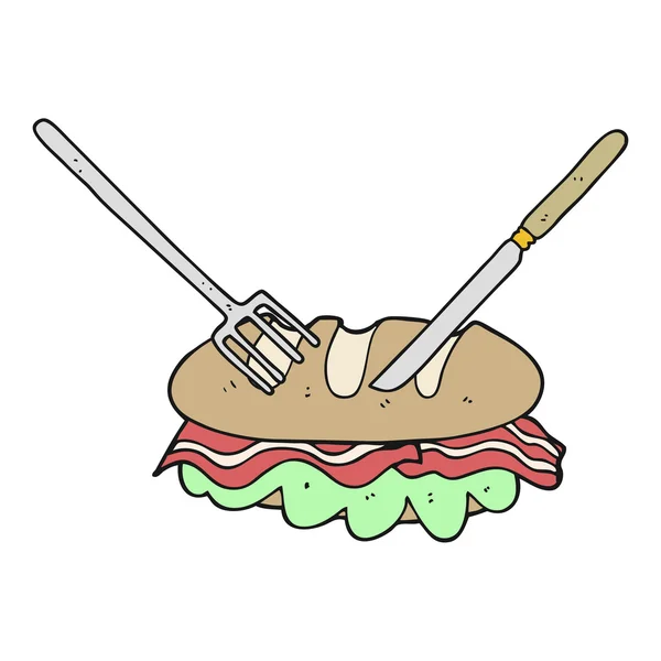 Cartoon knife and fork cutting huge sandwich — Stock Vector